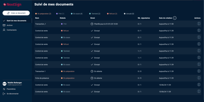 Vue du suivi de l'état de la transaction